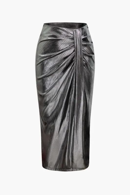 Metallic Ruched Back Slit Maxi Skirt sold by Micas
