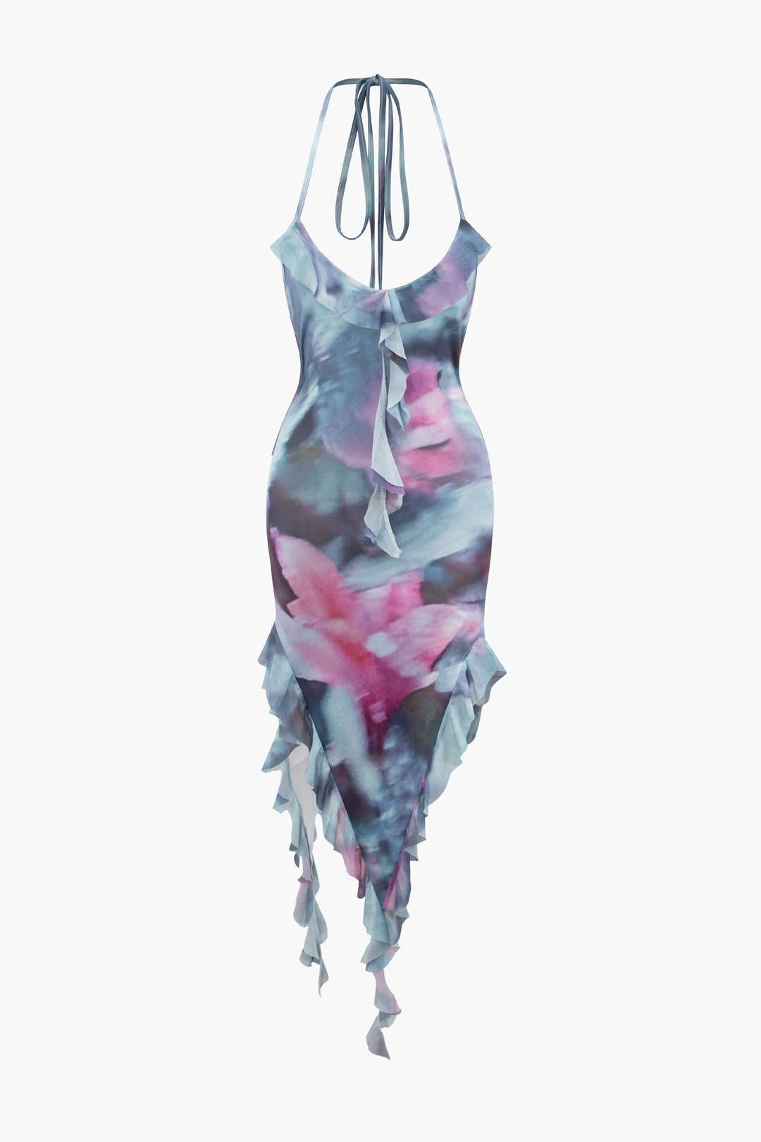 Tie Dye Halter Asymmetric Ruffle Midi Dress sold by Micas