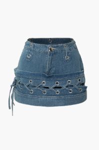 Eyelet Tie Denim Mini Skirt sold by Micas