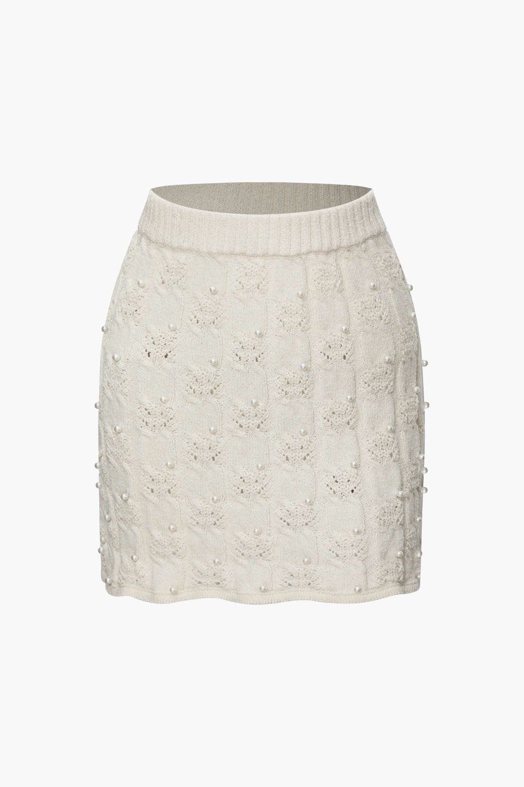 Pearl Embellished Open Knit A-line Mini Skirt sold by Micas