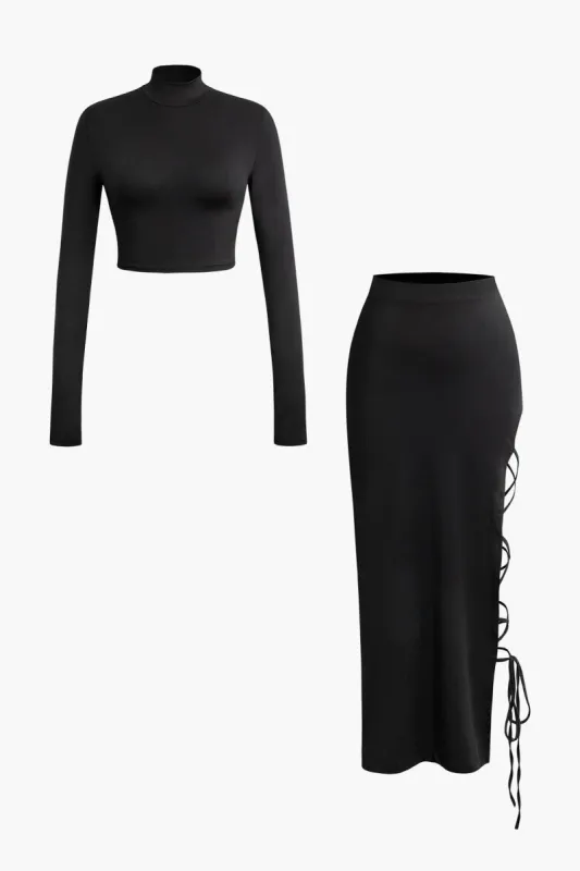 Mock Neck Long Sleeve Top And Tie Split High Waist Skirt Set sold by Micas