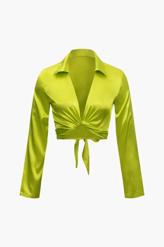 Deep V-neck Knot Hem Satin Long Sleeve Shirt sold by Micas