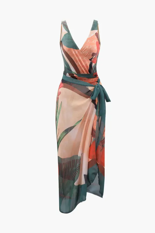 Floral Print One Piece Swimsuit And Sarong Cover-Up Set sold by Micas
