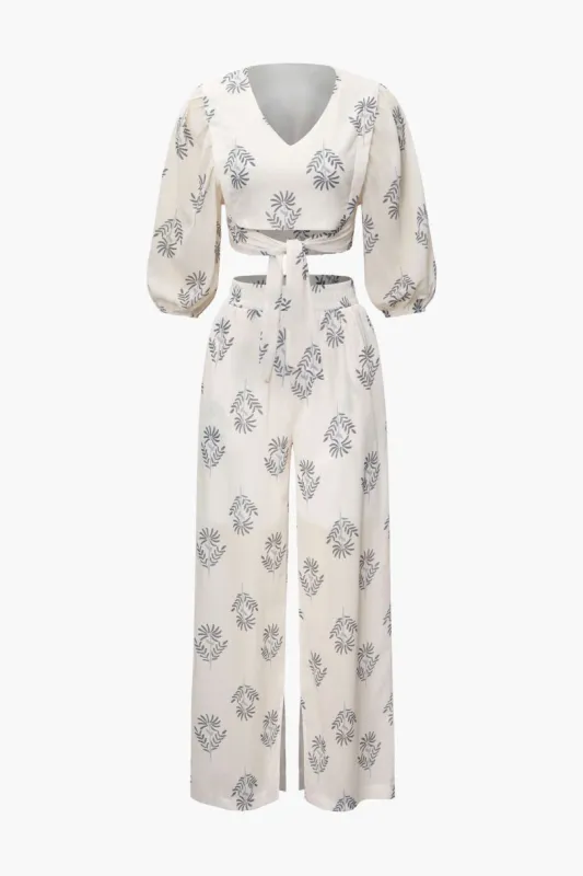 Printed V-neck Knot Front Blouse And Slit Hem Pants sold by Micas