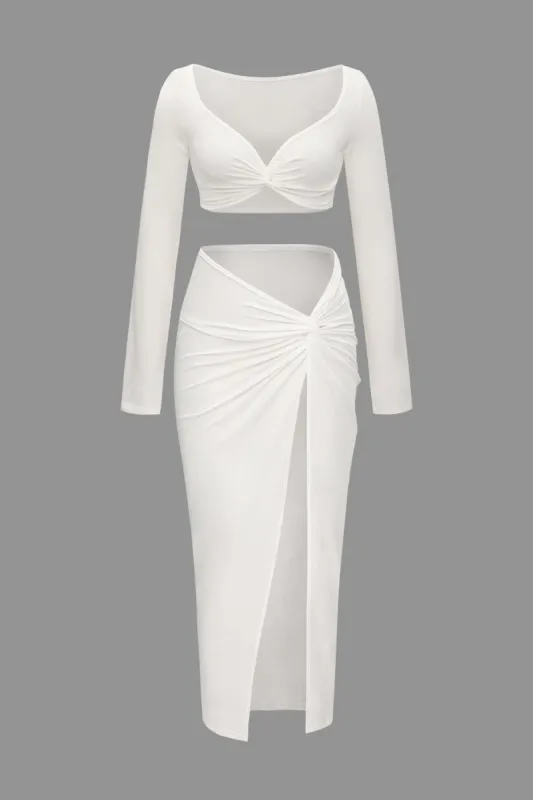Twisted Long Sleeve Crop Top And Split Skirt Set sold by Micas