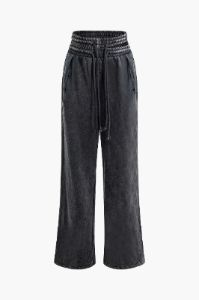 Distressed Tie Waist Pocket Straight Leg Pants sold by Micas
