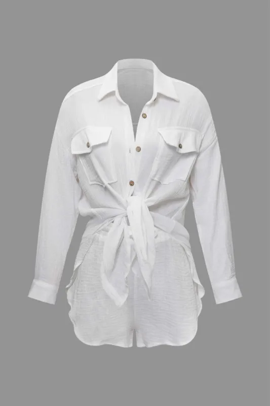 Chest Pocket Long Sleeve Shirt And Tie Waist Shorts Set sold by Micas
