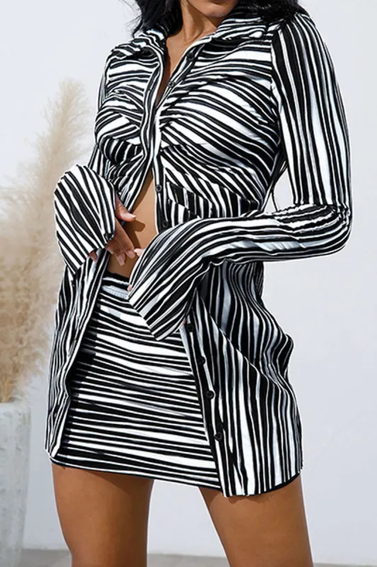 Zebra-stripe Button Up Long Sleeve Shirt And Mini Skirt Set made by Micas