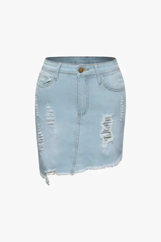Denim Asymmetric Frayed Mini Skirt sold by Micas
