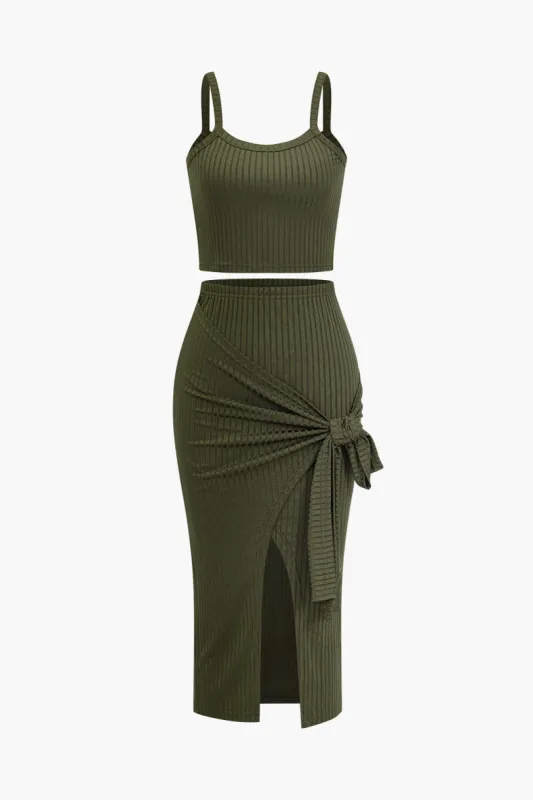 Solid Cami Top And Slit Bow Skirt Set sold by Micas