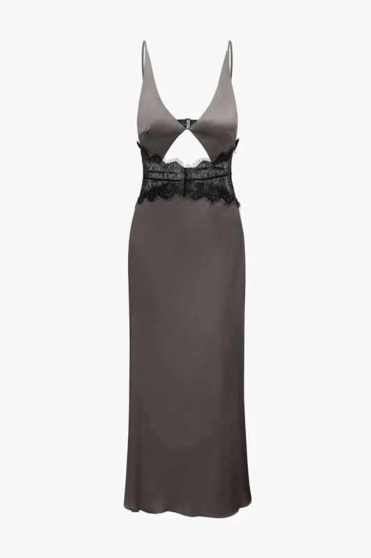 V-neck Lace Satin Slit Maxi Dress sold by Micas