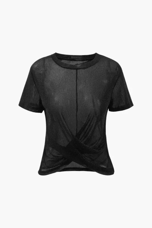 Sheer Lurex Cross Hem T-Shirt sold by Micas