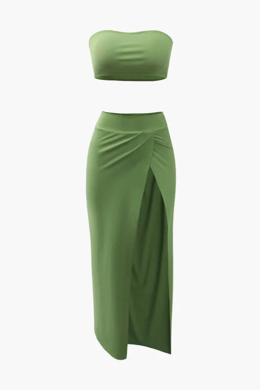 Solid Tube Top And High Slit Skirt Set sold by Micas