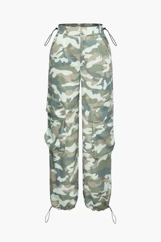 Camo High Waisted Drawstring Multi-Pockets Straight Leg Cargo Pants sold by Micas