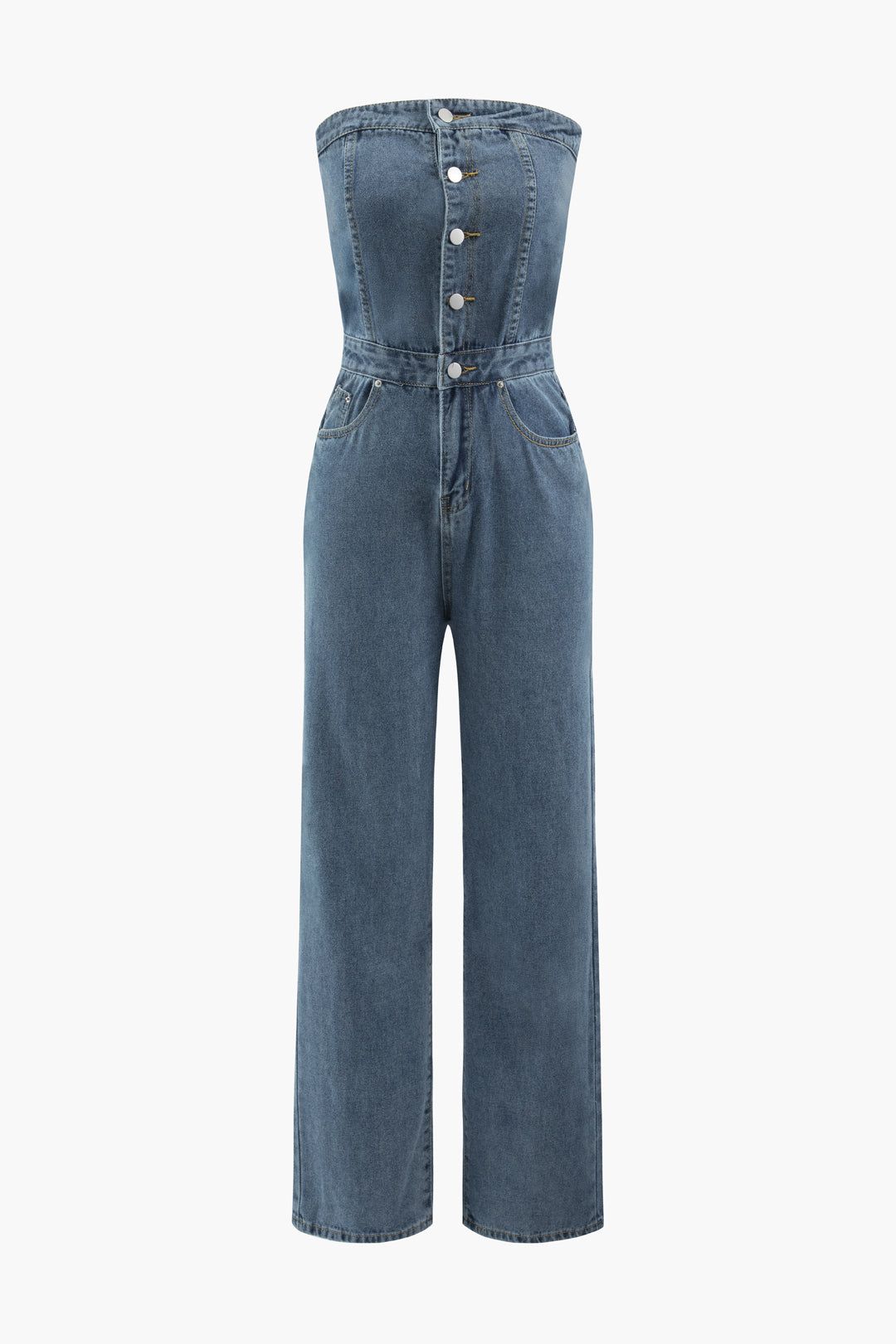 Button Front Denim Strapless Jumpsuit sold by Micas