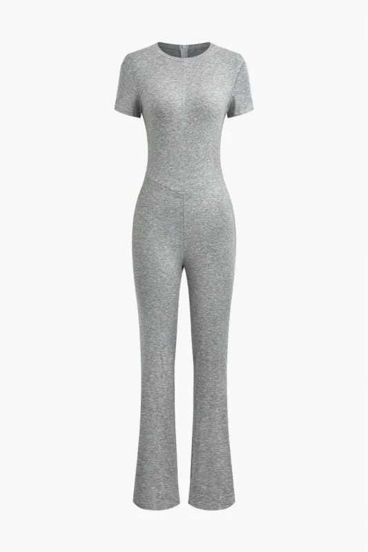 Solid Knitted Zipper Short Sleeve Jumpsuit sold by Micas