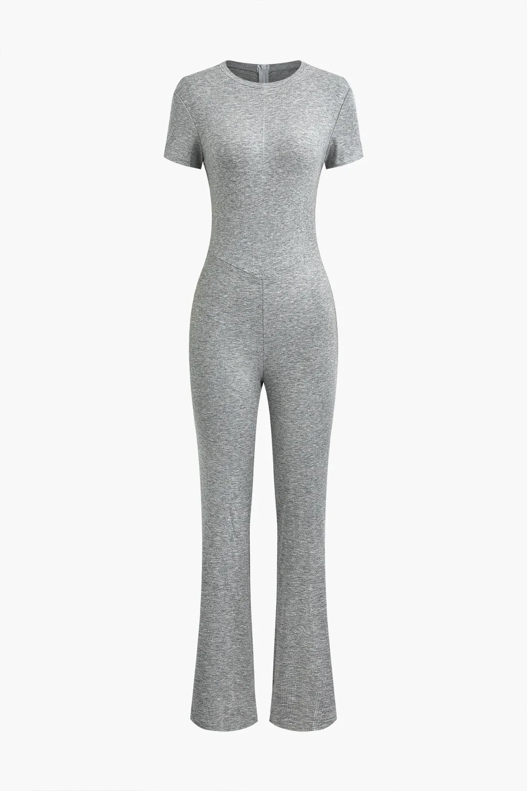 Solid Knitted Zipper Short Sleeve Jumpsuit sold by Micas