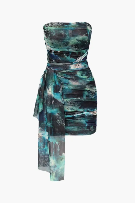 Tie Dye Mesh Ruched Knotted Strapless Mini Dress sold by Micas