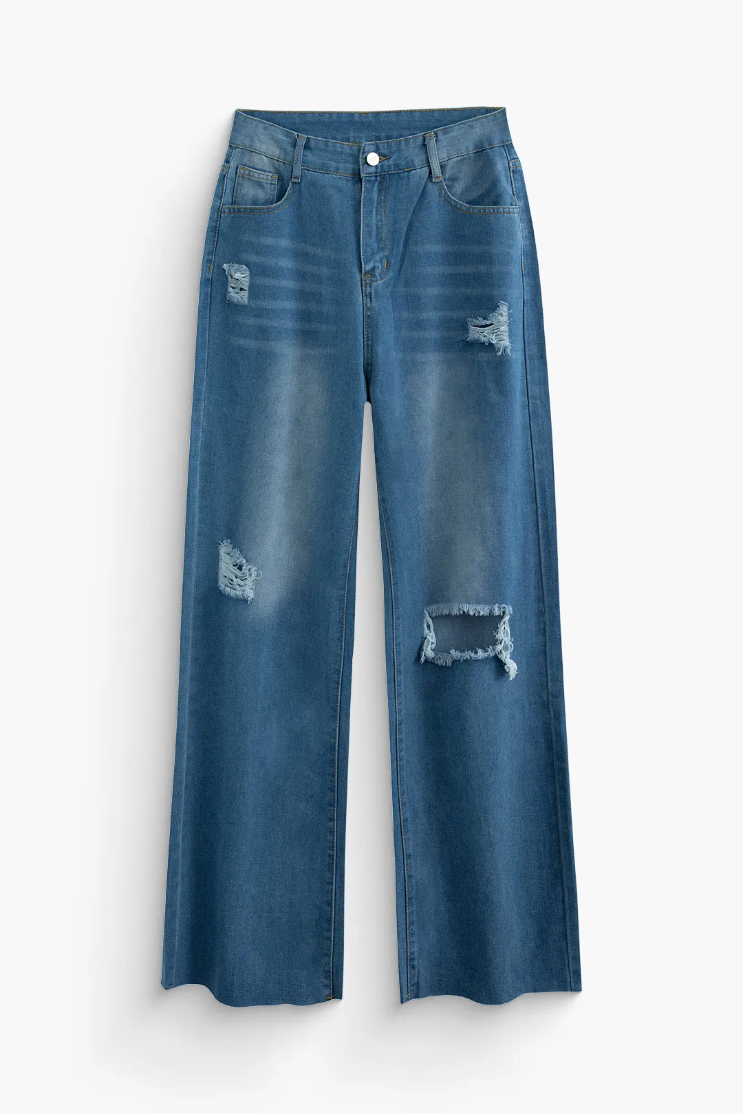 Solid Frayed Ripped High-Waisted Jeans sold by Micas