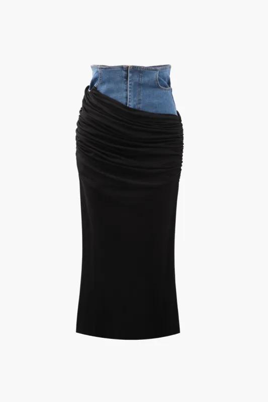 Ruched Panel Denim Maxi Skirt sold by Micas