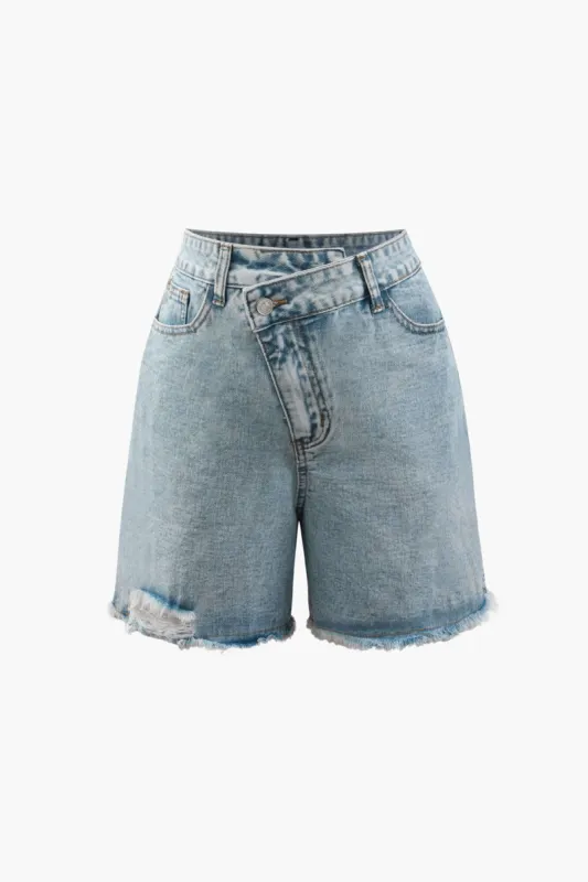 Asymmetric Waist Frayed Denim Shorts made by Micas