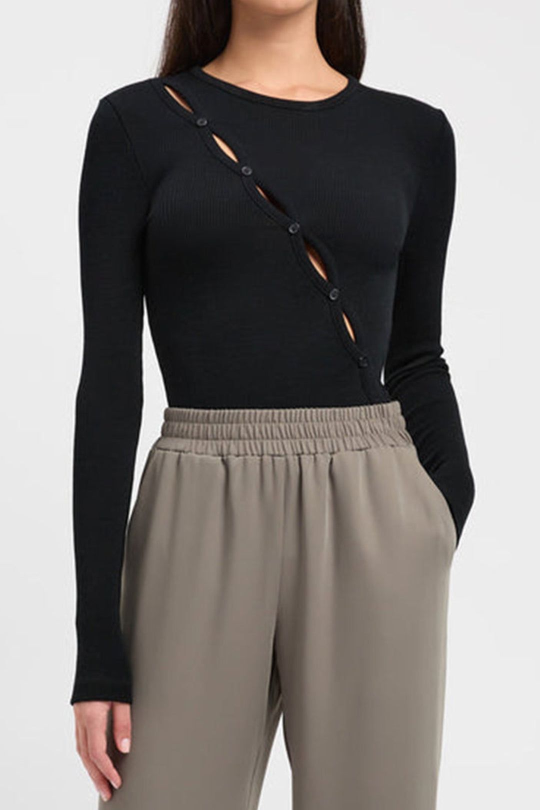 Asymmetric Button Rib Knit Long Sleeve Top sold by Micas