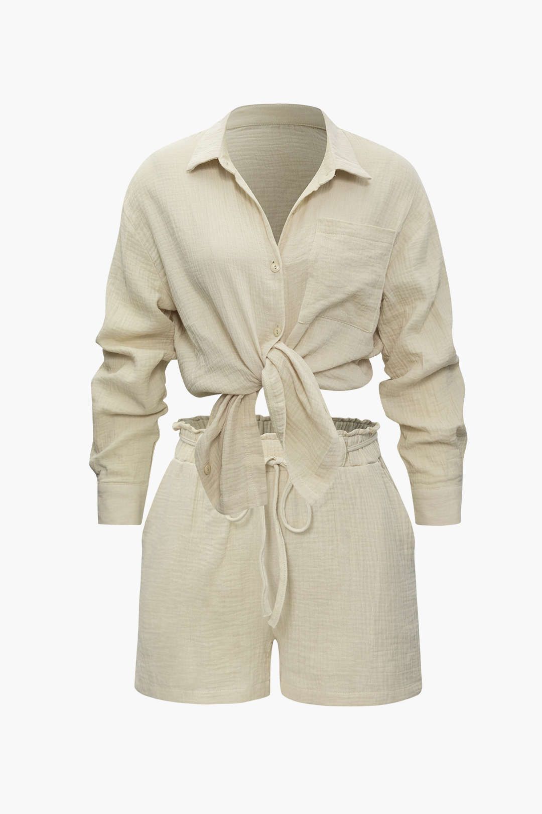 Long Sleeve Pocket Shirt And Tie Waist Shorts Set sold by Micas