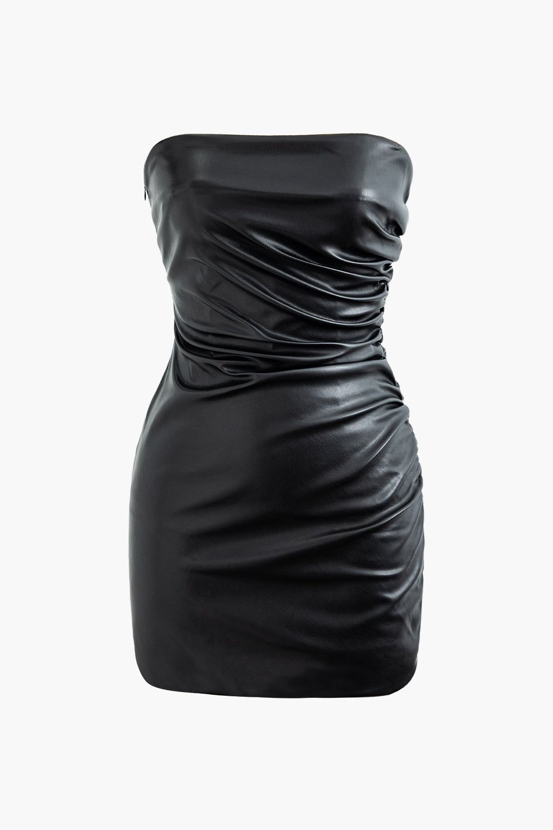 Faux Leather Ruched Strapless Mini Dress sold by Micas