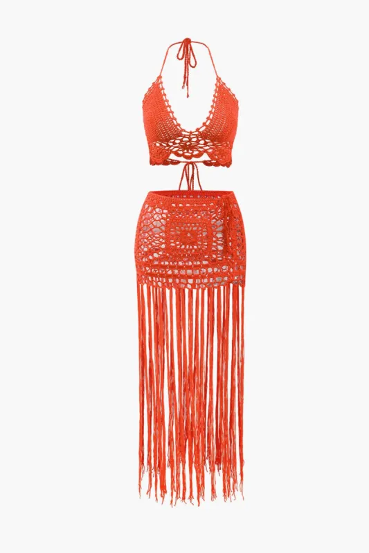Crochet Knit Halter Cami And Fringe Cover Up Skirt Set sold by Micas