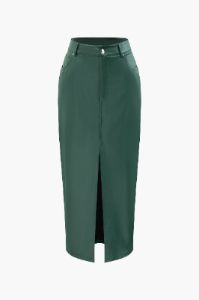 Faux Leather Slit Front Midi Skirt sold by Micas
