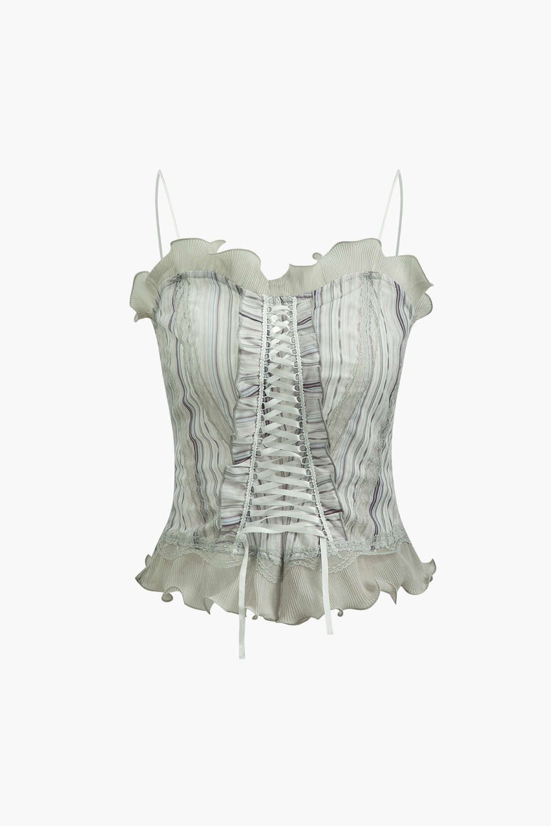 Printed Lace-up Frill Trim Cami Top sold by Micas