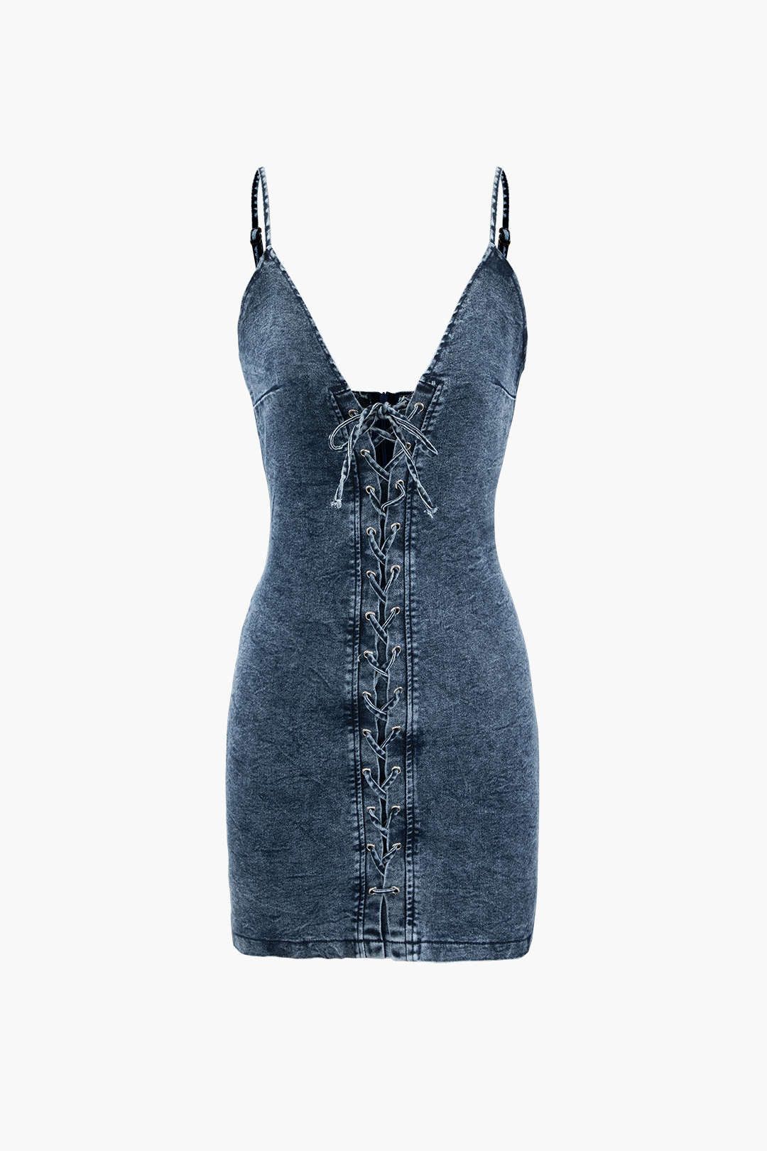 Lace-up Front V-neck Denim Dress sold by Micas