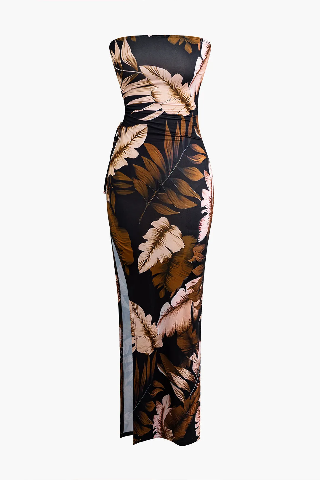 Leaf Print Strapless Slit Cut Out Midi Dress sold by Micas