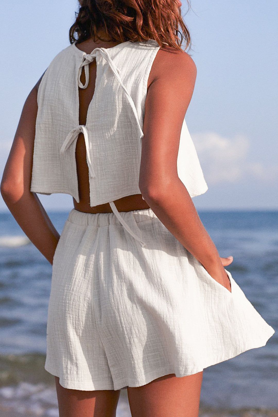 Linen-Blend Tie Back Tank Top And Elastic Waist Shorts Set sold by Micas