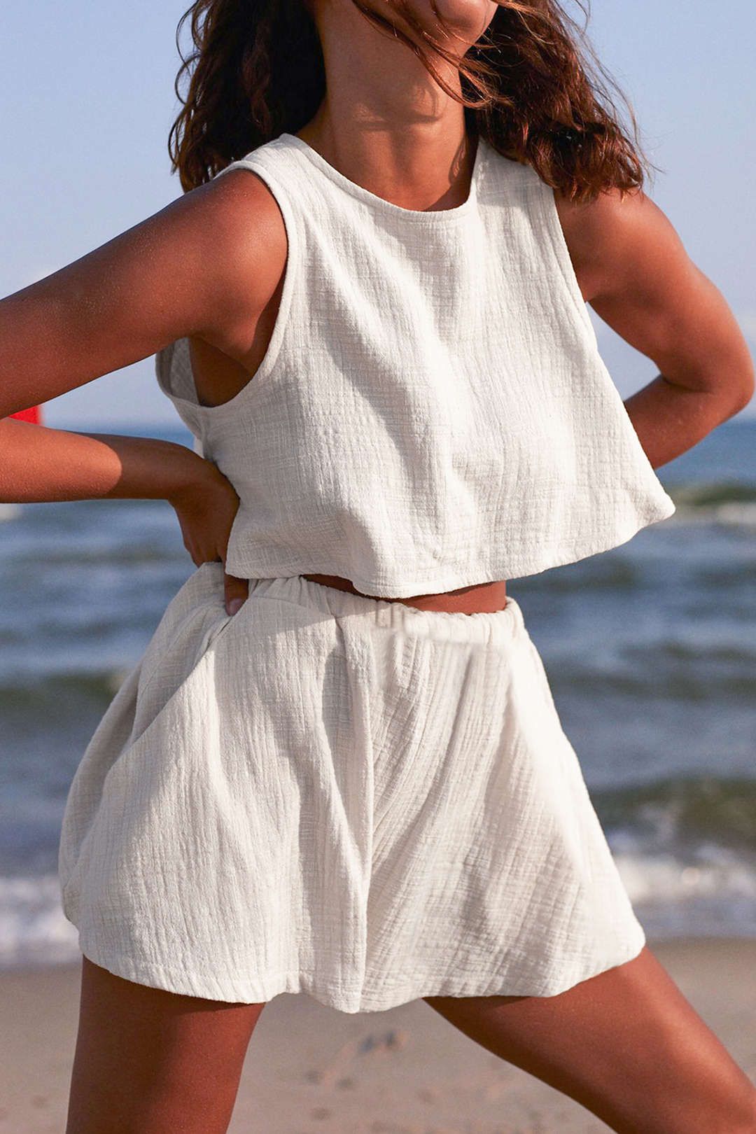 Linen-Blend Tie Back Tank Top And Elastic Waist Shorts Set sold by Micas product image thumbnail 2