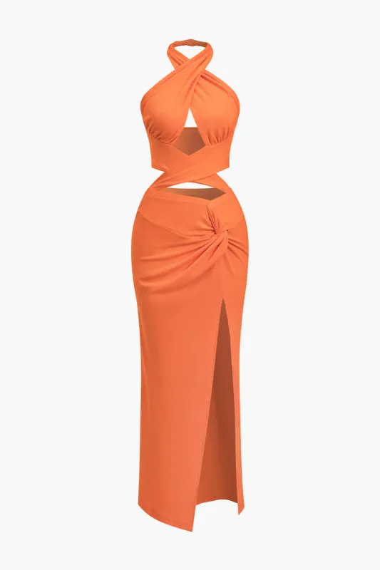Solid Halter Slit Twist Cut Out Maxi Dress sold by Micas