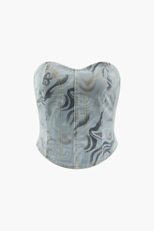 Printed Denim Tube Top sold by Micas