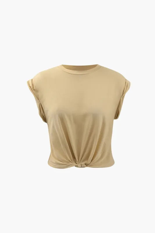 Rolled Sleeve Knot Hem T-Shirt sold by Micas