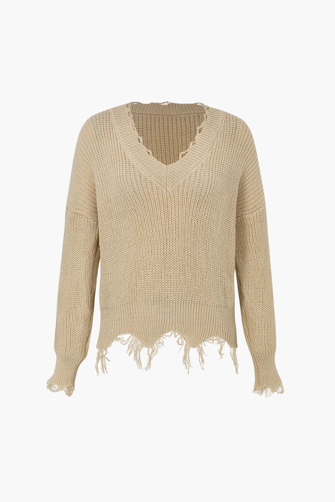 Distressed Frayed V-Neck Sweater sold by Micas