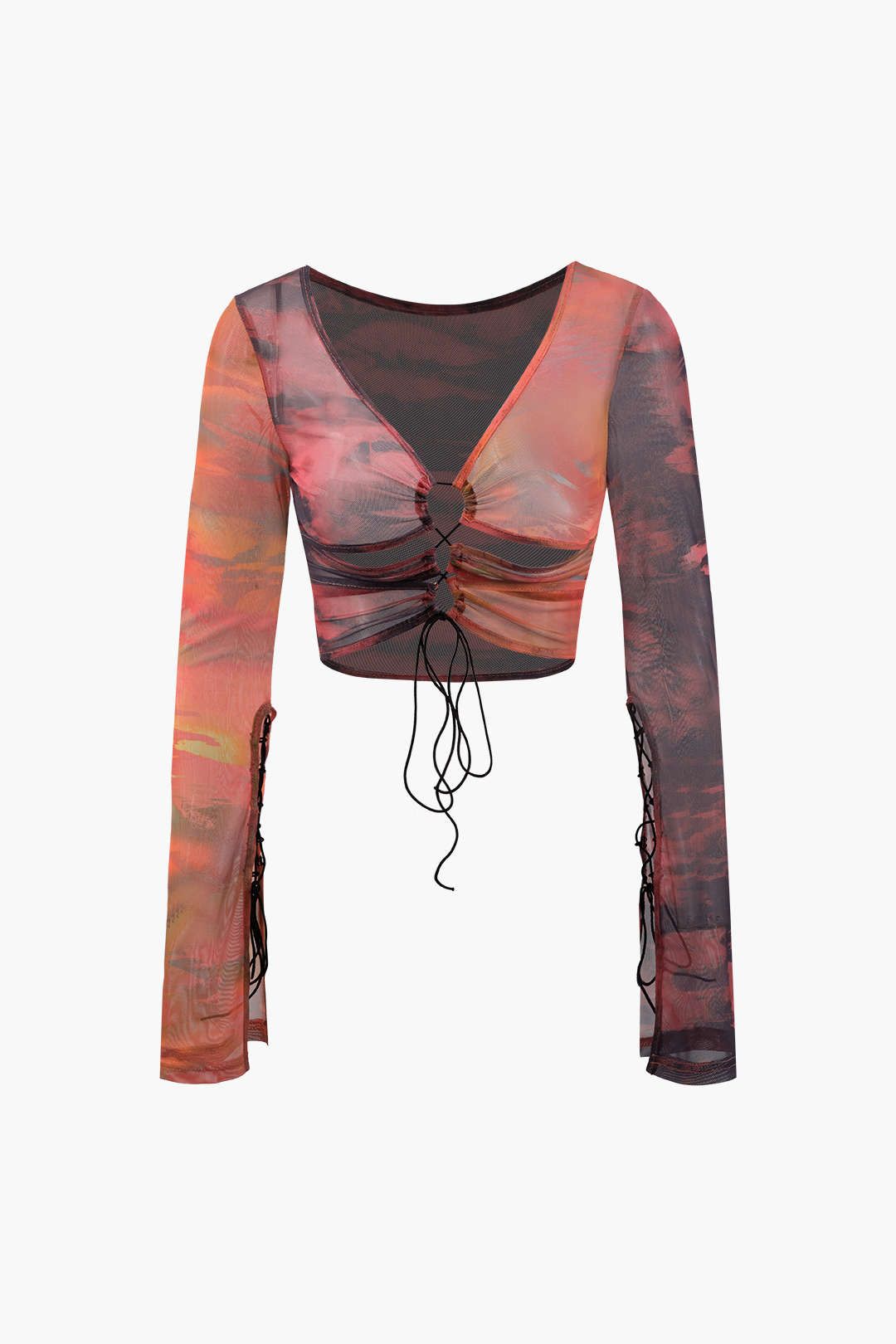 Printed Tie Front Mesh Top sold by Micas