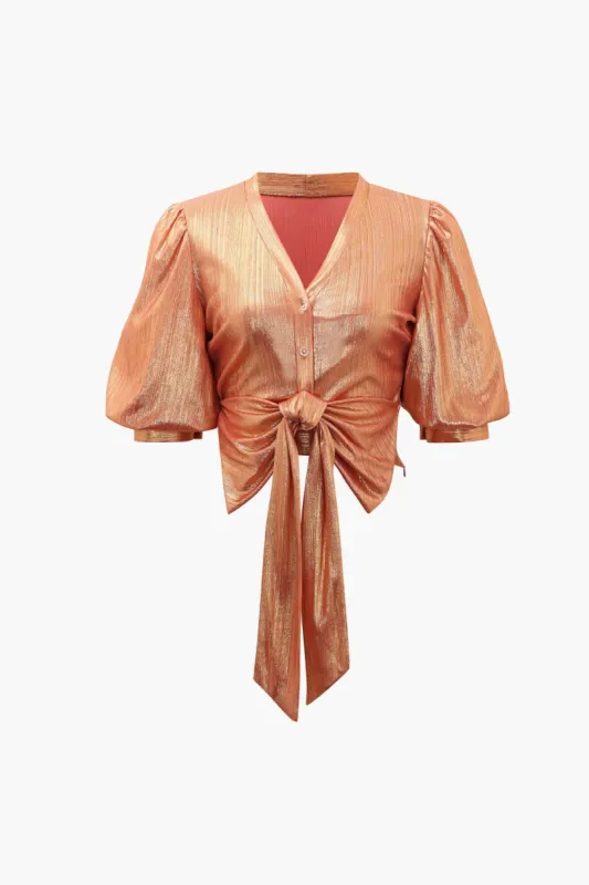 Metallic Bow Tie Puff Sleeve Blouse sold by Micas