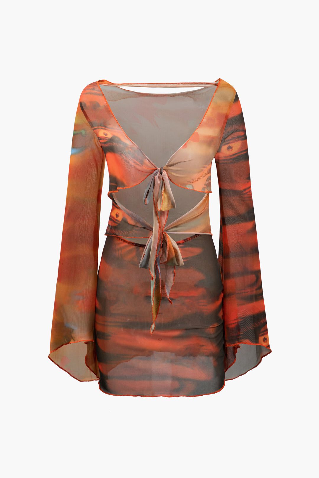 Abstract Print Mesh Tie Front Cut Out Mini Dress sold by Micas
