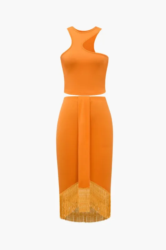 Asymmetric Tank Top And Fringe Hem Skirt Set sold by Micas