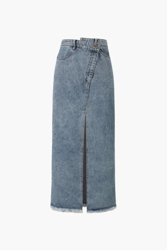 Asymmetric Frayed Slit Denim Midi Skirt sold by Micas