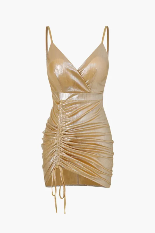 Metallic V-neck Drawstring Ruched Mini Dress sold by Micas