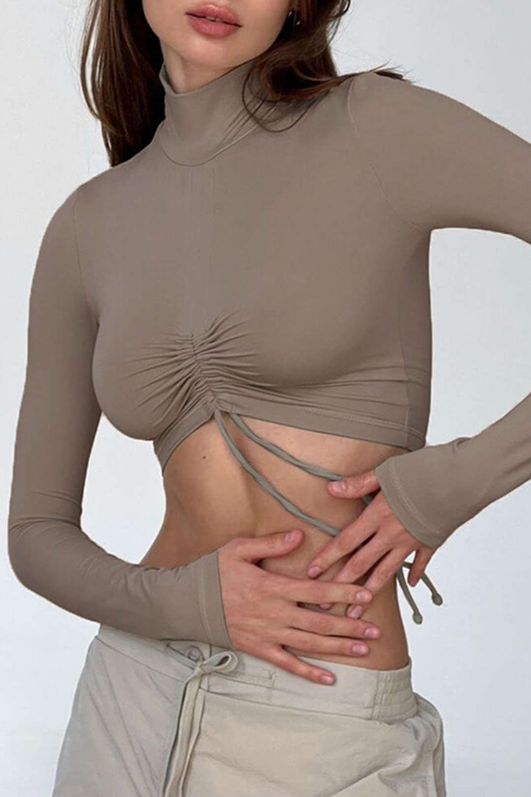 Turtle Neck Drawstring Long Sleeve Crop Top sold by Micas