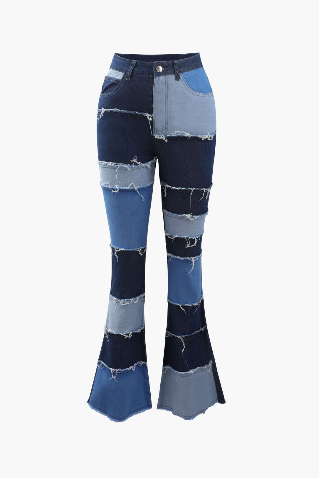 Patchwork Frayed Flare Jeans sold by Micas