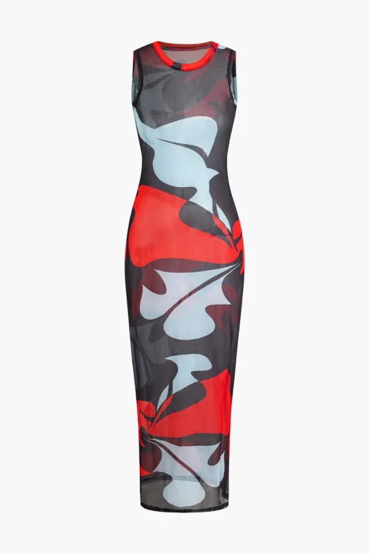 Abstract Print Sleeveless Mesh Maxi Dress sold by Micas