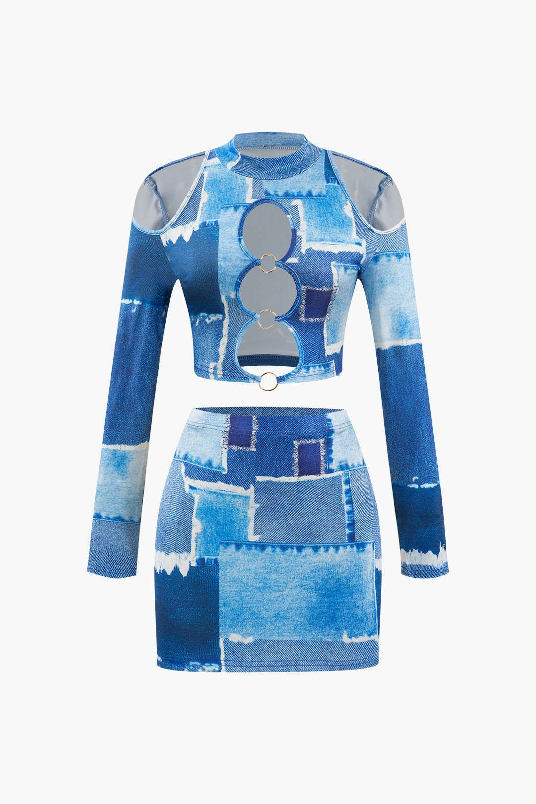 Denim Print Cut Out Top And Mini Skirt Set sold by Micas