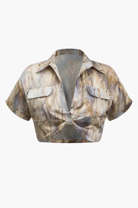 Plus størrelse marmor print twist knude kortærmet skjorte sold by Micas